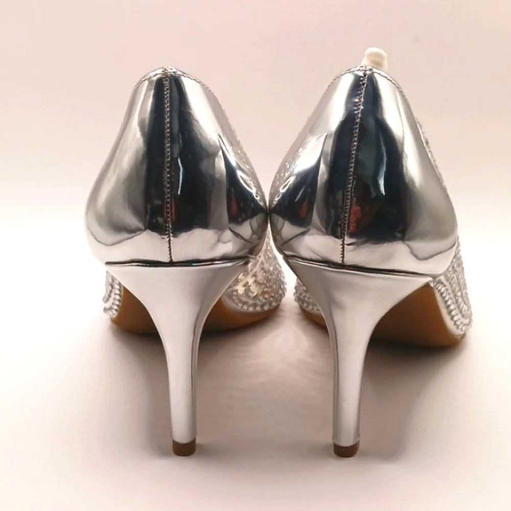 NWT Womens sexy bridal heels Size 8W Clear Vinyl Rhinestone Silver heels 8 wide - Picture 6 of 17
